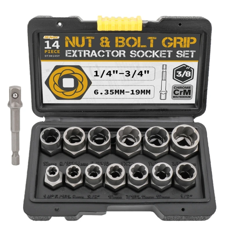 Bolt Extractor Set 14 Pieces Impact Bolt & Nut Remover Set with Solid Storage Case Stripped Lug Nut Remover Extraction 
Bolt Extractor Set 14 Pieces Impact Bolt & Nut Remover Set with Solid Storage Case Stripped Lug Nut Remover Extraction