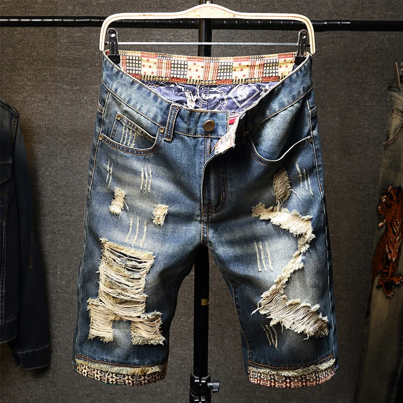 

Мужские рваные джинсовые шорты, синие зауженные джинсовые шорты с большими дырками в винтажном стиле, одежда для улицы, лето 2023