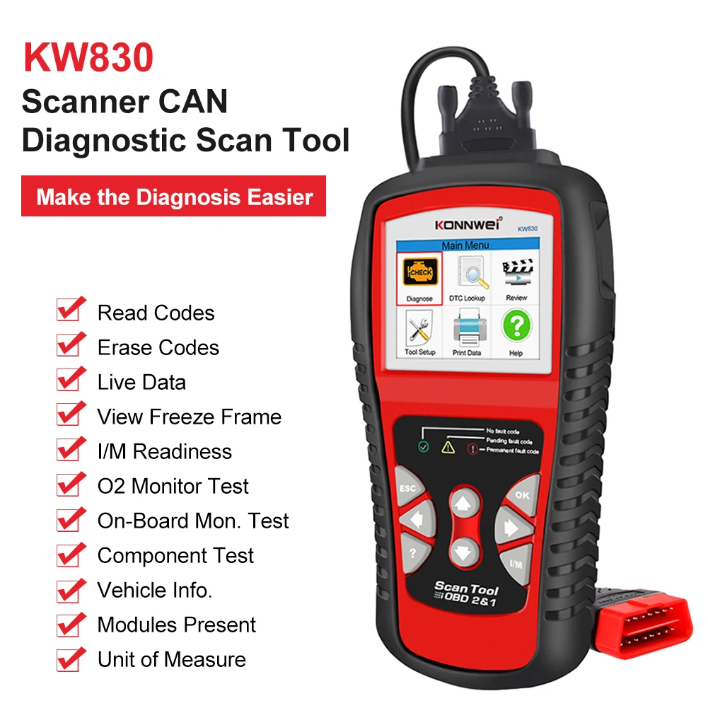 KW830 OBD2 Scanner CAN Diagnostic Scan Tool Color Display Engine Fault Code Reader for OBDII Protocol Car Since 1996
KW830 OBD2 Scanner CAN Diagnostic Scan Tool Color Display Engine Fault Code Reader for OBDII Protocol Car Since 1996