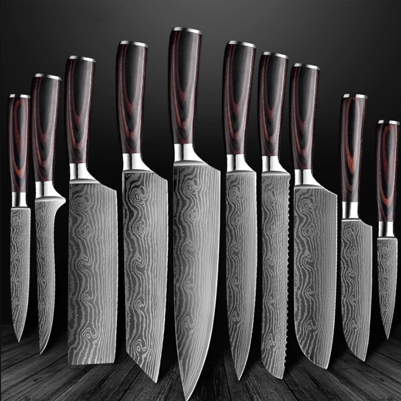 

Chef knife 1-10 Pcs Set Kitchen Knives Laser Damascus Pattern Sharp Japanese Santoku Knife Cleaver Slicing Utility Knife