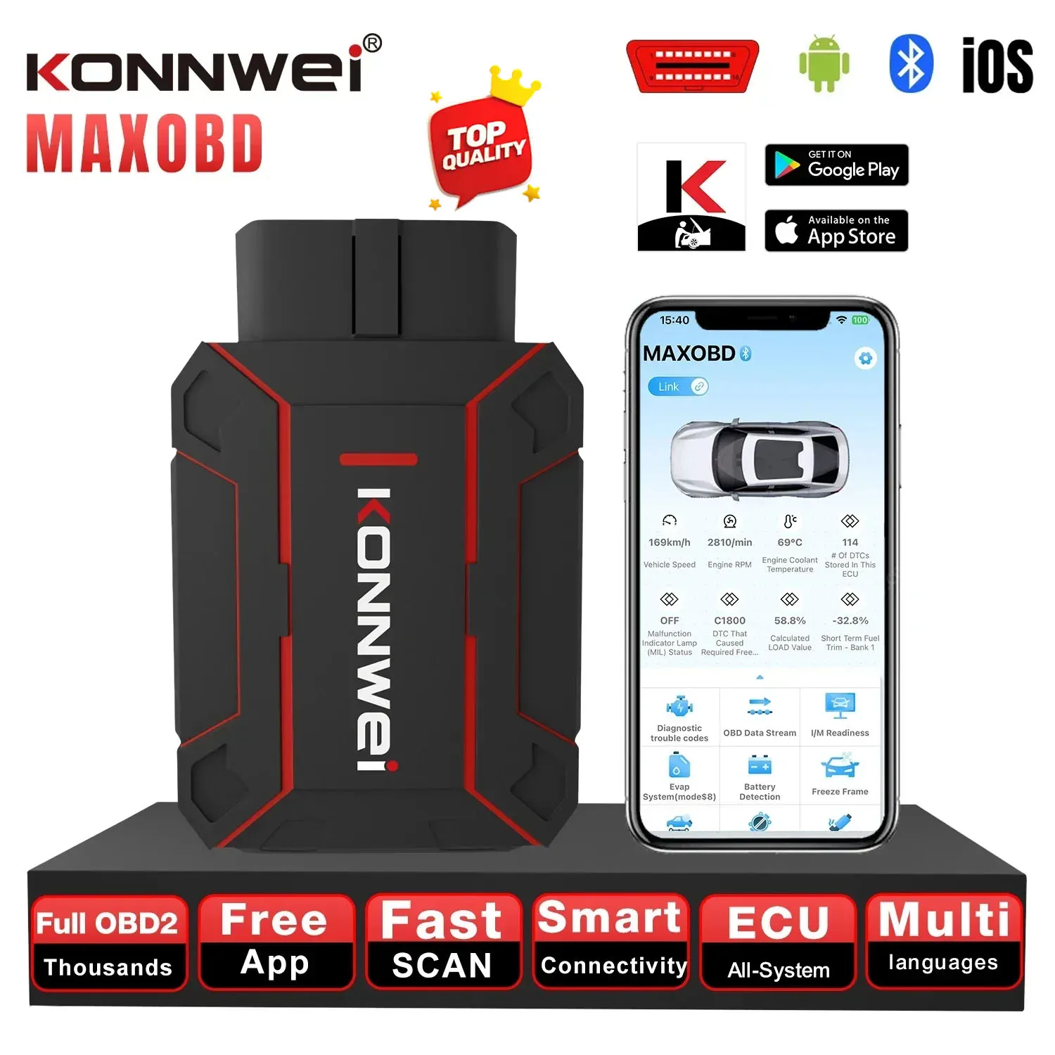 KONNWEI MAXOBD OBD2 Диагностический инструмент Bluetooth 5.0 с бесплатным английским приложением для Android и IOS Автомобильный сканер всех систем 
KONNWEI MAXOBD OBD2 Диагностический инструмент Bluetooth 5.0 с бесплатным английским приложением для Android и IOS Автомобильный сканер всех систем