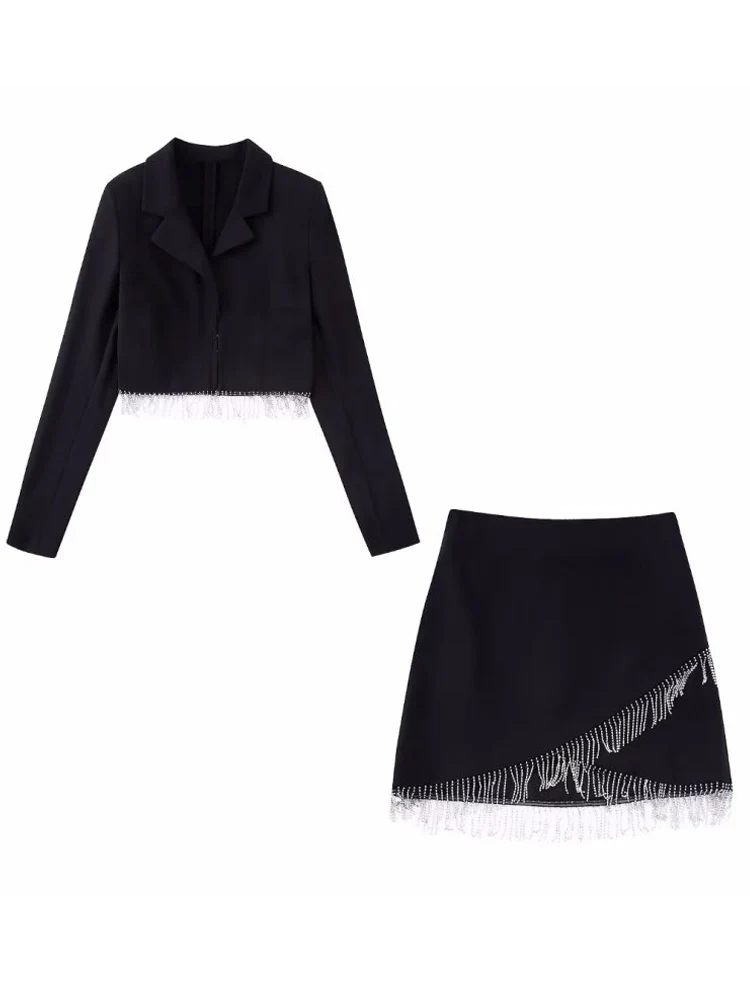 Женский костюм-двойка с блестками, однотонный короткий жакет и юбка, осень 2022 
Женский костюм-двойка с блестками, однотонный короткий жакет и юбка, осень 2022