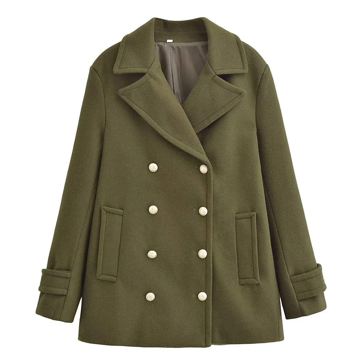 

2024 Autumn Winter New Women Double Breasted Wool Blend Coat Army Green Lapel Long Sleeved Chic Casual Overcoat baggey Outerwear