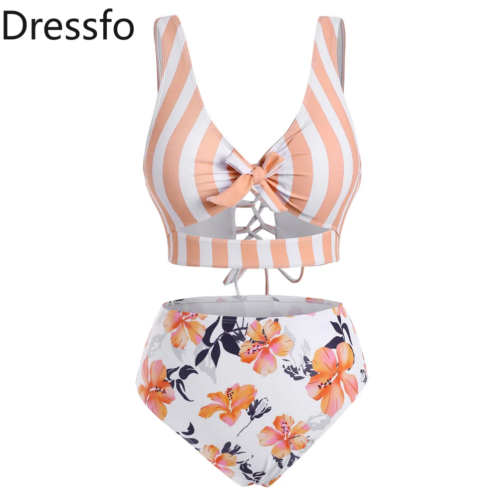 

Dressfo Tankini Swimwear Striped Floral Print Swimsuit Bowknot Lace-up Crisscross Cut Out High Waist Shorts Beach Bathing Suit