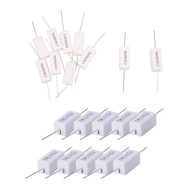 

20 Pcs Wirewound Ceramic Cement Resistors Axial Wirewound Cement Resistor 5W Watt 5%, 10 Pcs 50 Ohm & 10 Pcs 100 Ohm