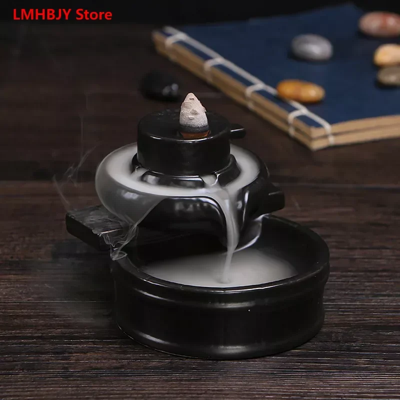 

Backflow Incense Burner Sandalwood Burner Decoration Lotus Pond Moonlight Black Glazed View Smoky Incense Burner Decoration