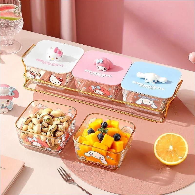Sanrio Hello Kitty стеклянная миска для фруктов бытовая коробка хранения закусок Kawaii