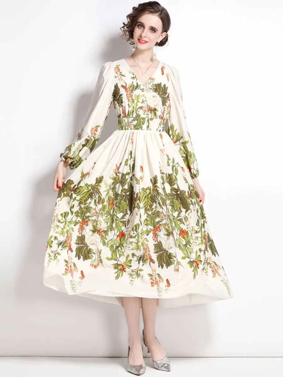 Fashion Spring Autumn Floral Long Dress Women V-Neck Long Puff Sleeve Elastic High Waist Vintage Print Party Vestidos Mujer
Fashion Spring Autumn Floral Long Dress Women V-Neck Long Puff Sleeve Elastic High Waist Vintage Print Party Vestidos Mujer