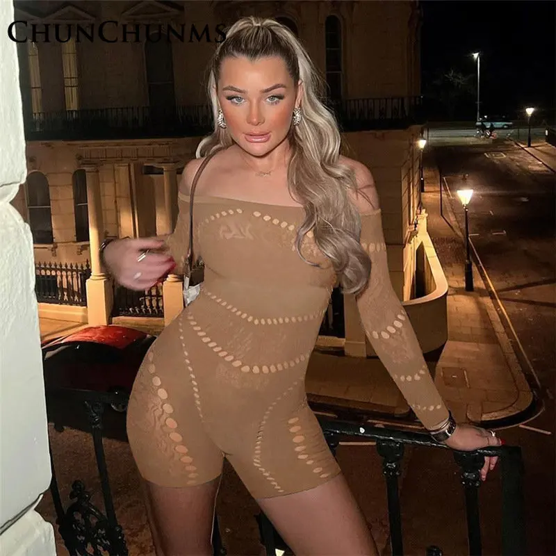 

Sexy Hollowed-out Shoulder Off Knitting Jumpsuit For Women High Waist One Piece Pant Lift Hip Playsuit Night Club Shorts Romper