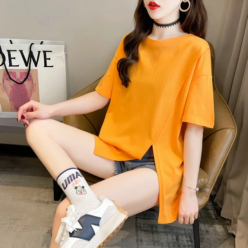 #0704 Long T Shirt Ladies Solid Color O-neck Summer Loose Asymmetrical Cotton Short Sleeve T Shirt Korean Style Split Top Women
#0704 Long T Shirt Ladies Solid Color O-neck Summer Loose Asymmetrical Cotton Short Sleeve T Shirt Korean Style Split Top Women