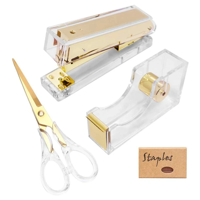 1-Inch Core Clear Acrylic Gold Tape Dispenser Stapler Scissors Set with Tape 24/6 Rose Gold Staples, Acrylic Scissors
1-Inch Core Clear Acrylic Gold Tape Dispenser Stapler Scissors Set with Tape 24/6 Rose Gold Staples, Acrylic Scissors