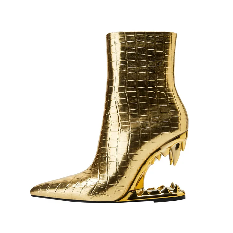 Gold Leather Women Short Boots Strange Tooth Wedge High Heels Botas Stone Pattern Party Ankle Botines Feminios Sapatos Mujer 
Gold Leather Women Short Boots Strange Tooth Wedge High Heels Botas Stone Pattern Party Ankle Botines Feminios Sapatos Mujer