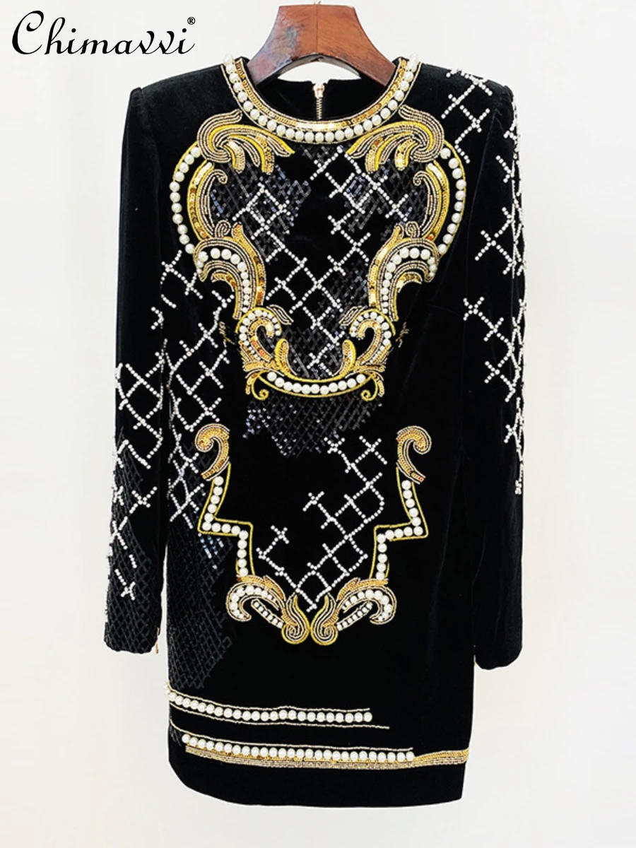 Autumn Winter New Heavy Sequined Diamonds Bead Long Sleeve Dress Women High-End Luxury Gold Velvet Elegant Party Sheath Dress
Autumn Winter New Heavy Sequined Diamonds Bead Long Sleeve Dress Women High-End Luxury Gold Velvet Elegant Party Sheath Dress