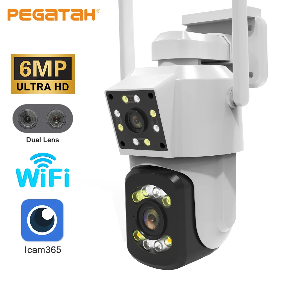 

IP-камера PEGATAH, 6 МП, Wi-Fi, два объектива, два экрана, PTZ, уличная Водонепроницаемая полноцветная инфракрасная камера видеонаблюдения с ночным видением