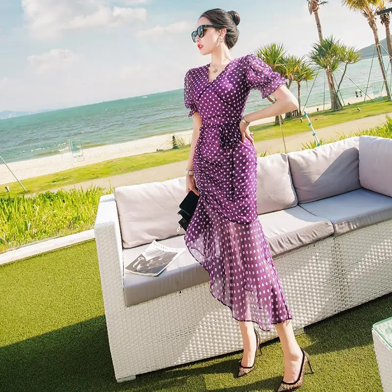 Women 2022 Summer French V-neck Chiffon Dresses Female Irregular Polka Dot Dress Ladies Short Sleeve Slim Mermaid Vestidos E77
Women 2022 Summer French V-neck Chiffon Dresses Female Irregular Polka Dot Dress Ladies Short Sleeve Slim Mermaid Vestidos E77