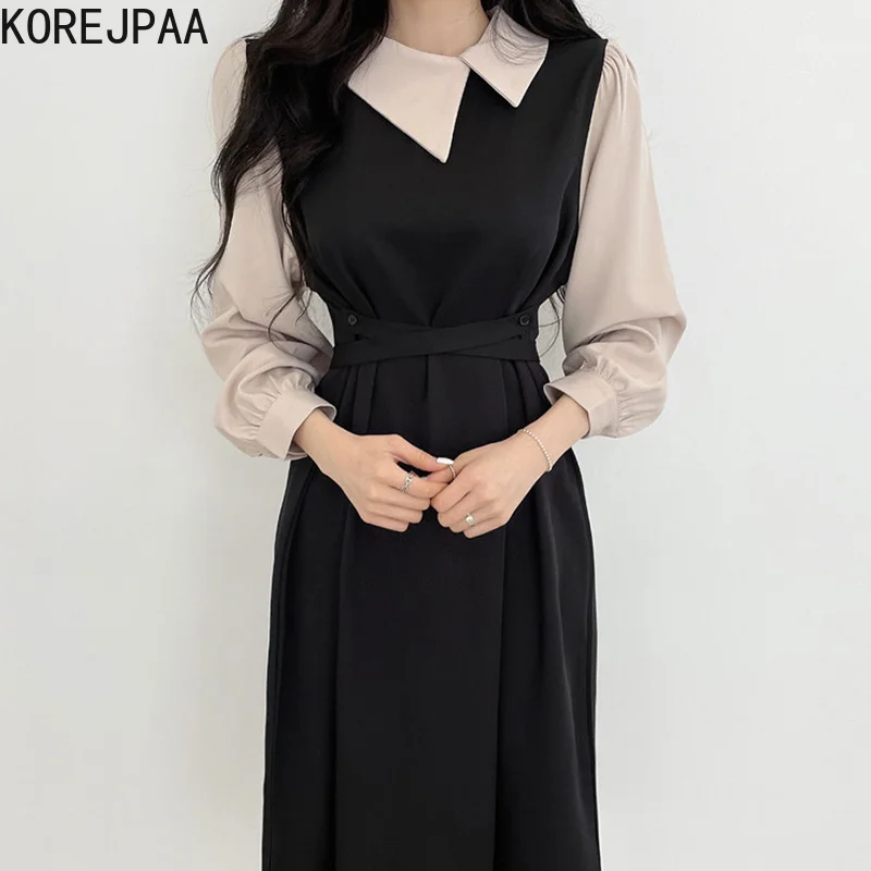 

Женское платье с пышными рукавами, элегантное асимметричное платье в Корейском стиле с отложным воротником контрастных цветов, осень 2023