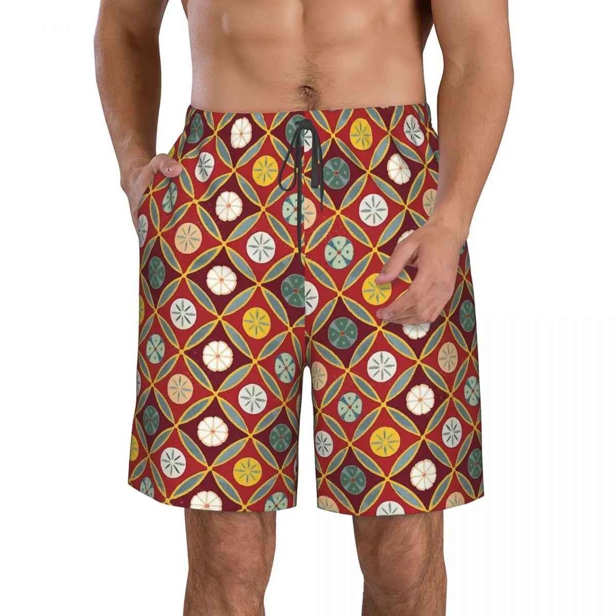 

Red Tiles Men's Beach Shorts Pocket Ancient Egypt Egyptian Africa Swimsuit Quick Dry Men Swimming Trunks Surfing Boardshorts