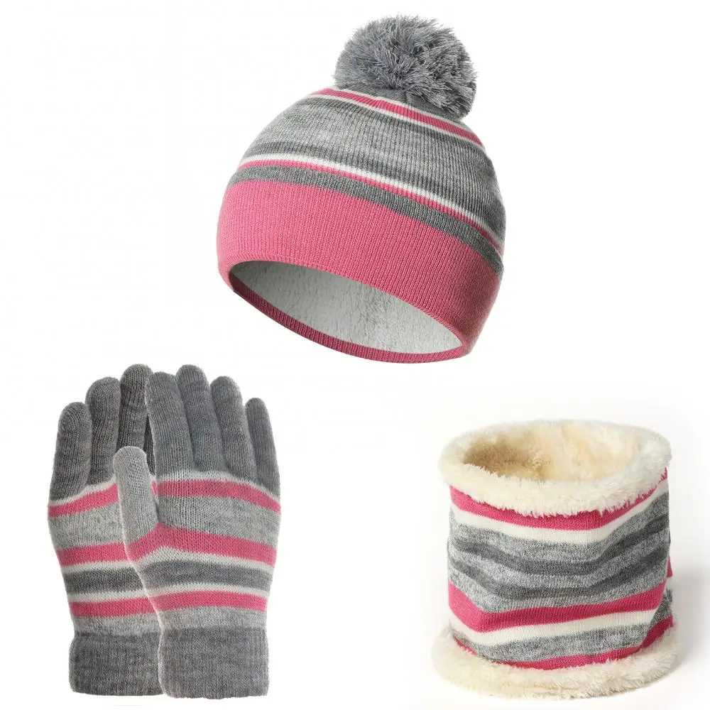 

Hat Kids Winter Woolen Yarn Knitted Pompom Beanie Neck Scarf Gloves Warm Set