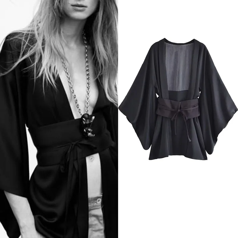 

TRAF Black Sash Kimono Woman Japanese Style Cape Sleeves Adjustable Tie Sash Belt Summer Blouses For Women 2023 Front Open Tops