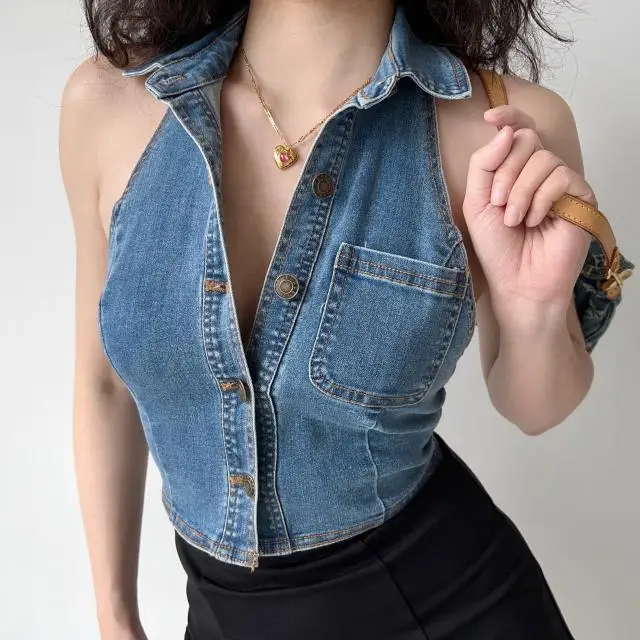 Women Denim Tank Tops Sexy Backless Super Cool Halter-neck Y2k Top Single-breasted Pocket Slim Sleeveless Cropped Vest Summer 
Women Denim Tank Tops Sexy Backless Super Cool Halter-neck Y2k Top Single-breasted Pocket Slim Sleeveless Cropped Vest Summer