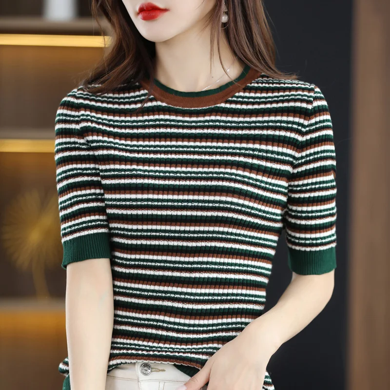 100% Pure Cotton T-shirt Women's Round neck Pullover Top Casual Knitted Striped Short-sleeved Summer New Ethnic Style Vest Loose
100% Pure Cotton T-shirt Women's Round neck Pullover Top Casual Knitted Striped Short-sleeved Summer New Ethnic Style Vest Loose