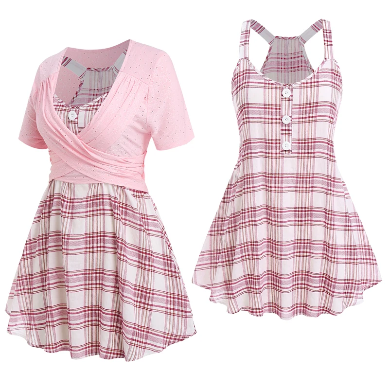 Slim T-Shirt Women Short Sleeve Criss-Cross Cute Racerback Crop Tees With Plaid Mock Button Tank Top Set Embroidery Blouses
Slim T-Shirt Women Short Sleeve Criss-Cross Cute Racerback Crop Tees With Plaid Mock Button Tank Top Set Embroidery Blouses