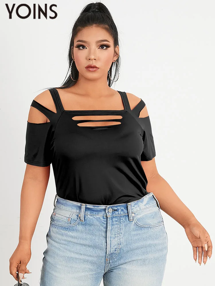 

YOINS Tshirts Plus Size Women Summer Sexy Short Sleeve Hollow Out T-Shirts 2022 Fashion Cold Shoulder Basic Slim Tees Tunic 4XL