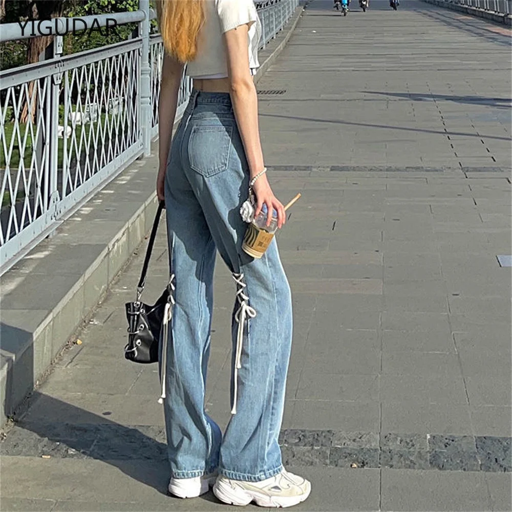 

Blue Tie Waist Flare Jeans Women Slim Denim Trousers Vintage Clothes 2022 spring High Waist Pants Belted Stretchy Wide Leg Jeans