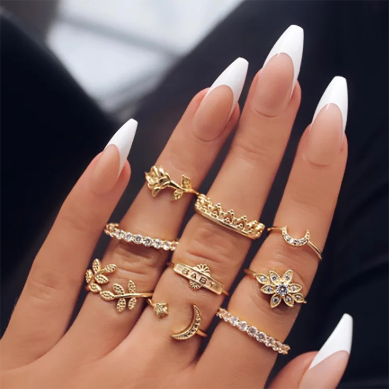 Moon Star Leaf Rings Kit Rhinestone 9pcs/set Brass Knuckle Finger Midi Ring for Women Punk Style Streetwear Fashion Jewelry
Moon Star Leaf Rings Kit Rhinestone 9pcs/set Brass Knuckle Finger Midi Ring for Women Punk Style Streetwear Fashion Jewelry