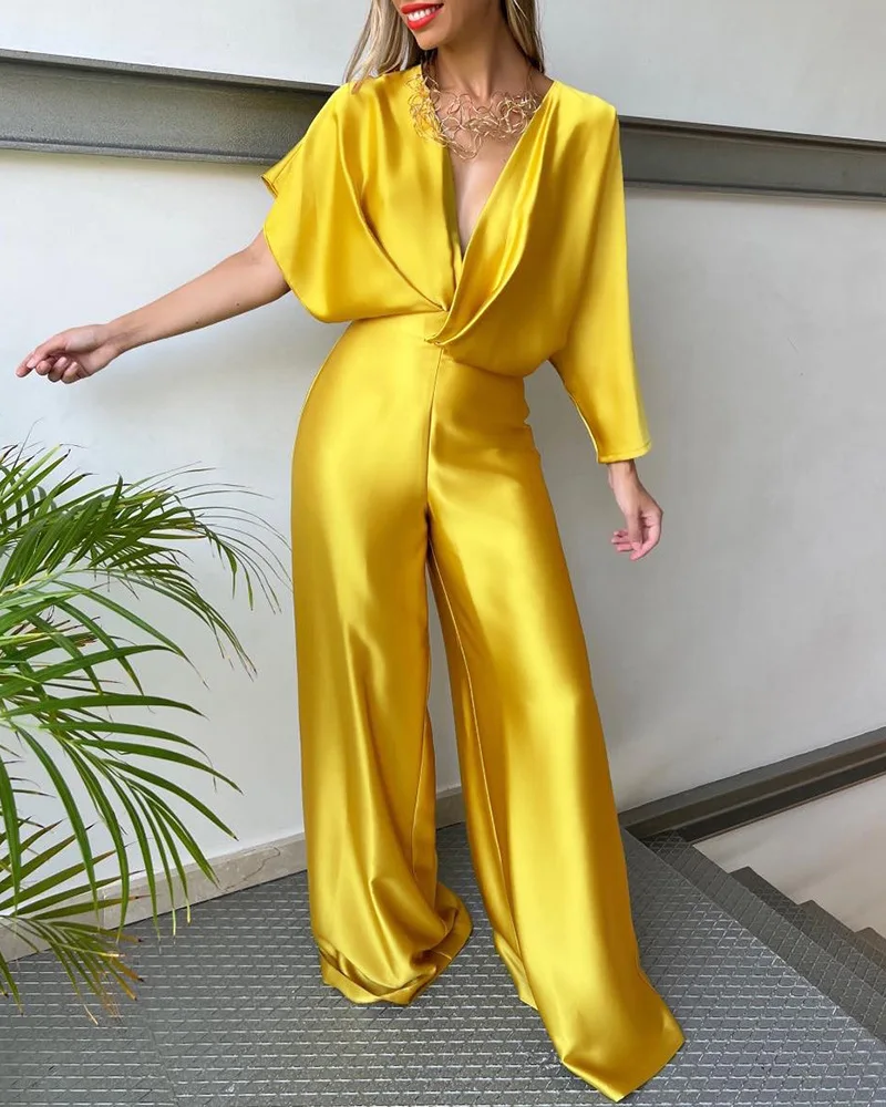 Satin Asymmetrical Sleeve Wide Leg Jumpsuit Women Spring Summer V Neck High Waist Full Length Overall Jumpsuits Pants
Satin Asymmetrical Sleeve Wide Leg Jumpsuit Women Spring Summer V Neck High Waist Full Length Overall Jumpsuits Pants