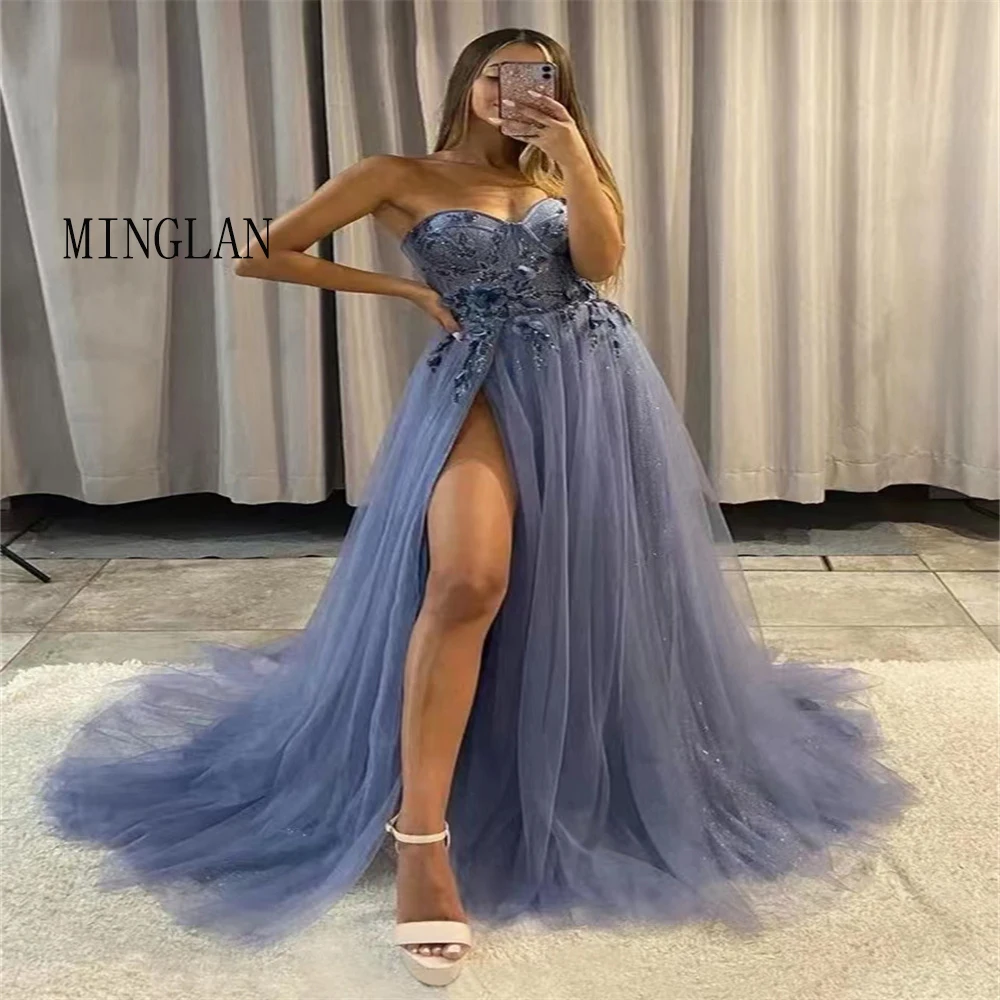 MINGLAN Elegant Blue Lace Appliques Sleeveless Sweetheart Prom Dress Floor Length High Side Slit Sweep Train Evening Gowns New
MINGLAN Elegant Blue Lace Appliques Sleeveless Sweetheart Prom Dress Floor Length High Side Slit Sweep Train Evening Gowns New