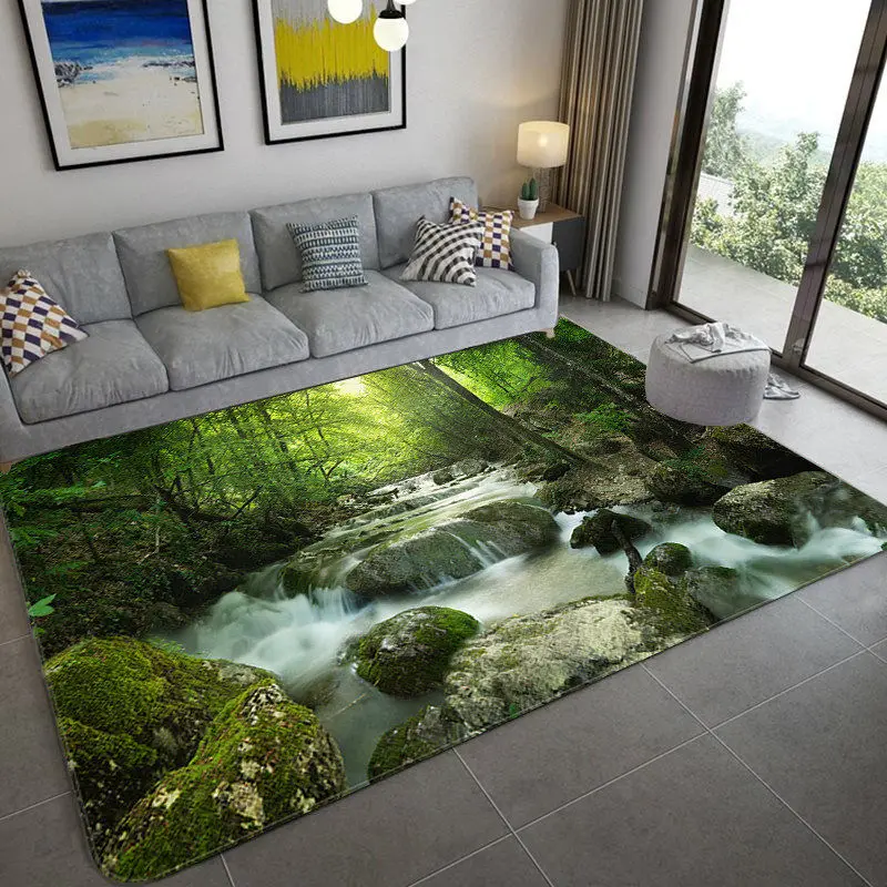 

Carpet 3D Natural Scenery Forest River Waterfall Suitable for Bedroom Living Room Study Bathroom Non-slip Floor Mat Customizable