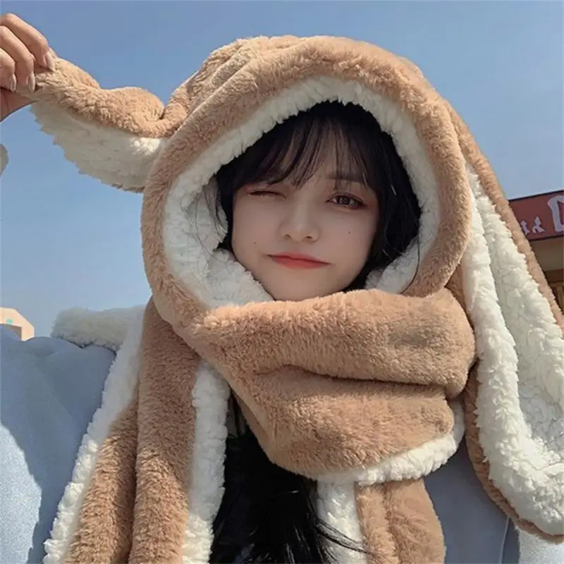 

Winter Cotton Hat Warm Scarf Glove Ear Protection Plush Bunny Cute Cartoon Thermal Hat 3 In 1 Rabbit Hat Moving Ears Women Adult