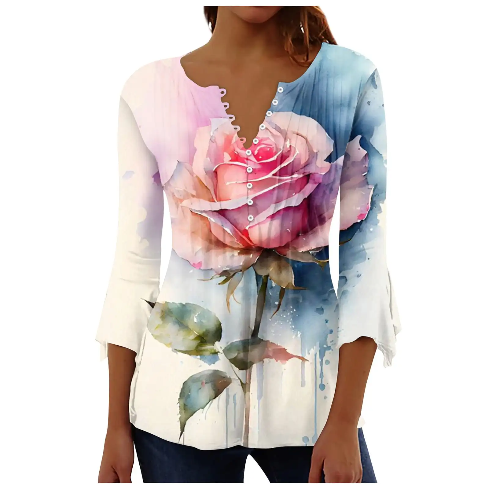 Women's Autumn V-neck Button 3D Flower Print Fashion and Versatile Harajuku Y2K Classic Women's Fresh Seven Point Sleeve T-shirt
Women's Autumn V-neck Button 3D Flower Print Fashion and Versatile Harajuku Y2K Classic Women's Fresh Seven Point Sleeve T-shirt