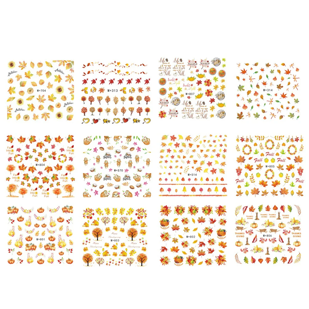 12 Sheets Nail Stickers DIY Fall Maple Leaf Pumpkin Harvest Self-Adhesive Nail Stickers
12 Sheets Nail Stickers DIY Fall Maple Leaf Pumpkin Harvest Self-Adhesive Nail Stickers