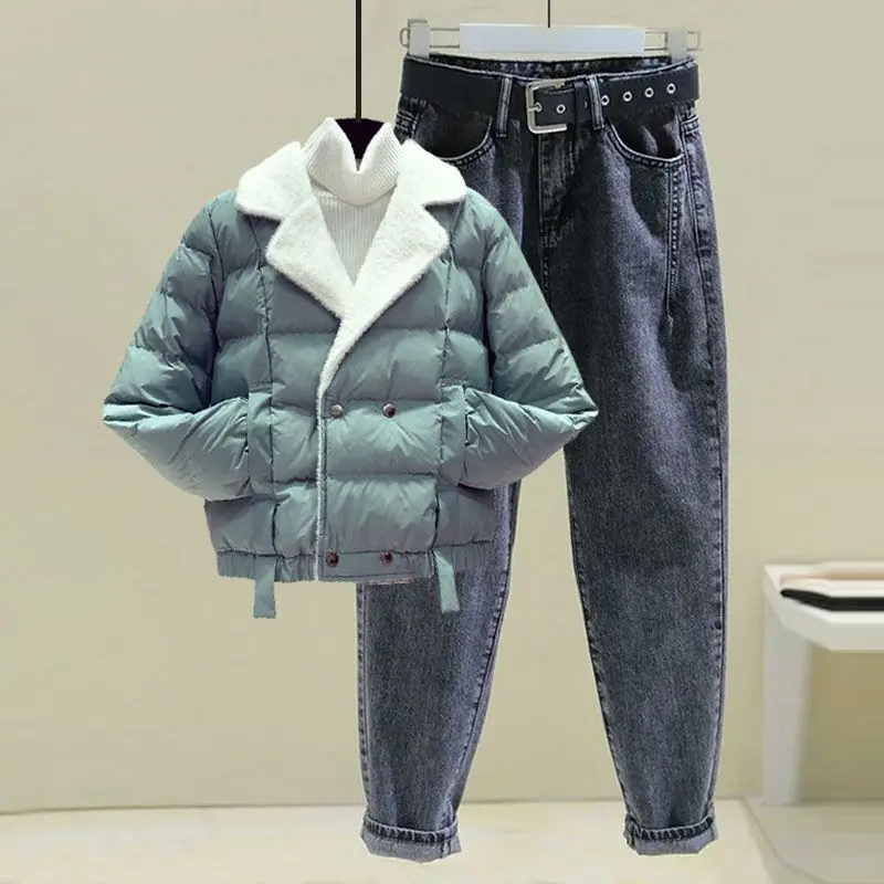 

Зимний теплый спортивный костюм, утепленная парка, пальто + трикотажный свитер с высоким воротником и джинсы, комплект из трех предметов, Же...