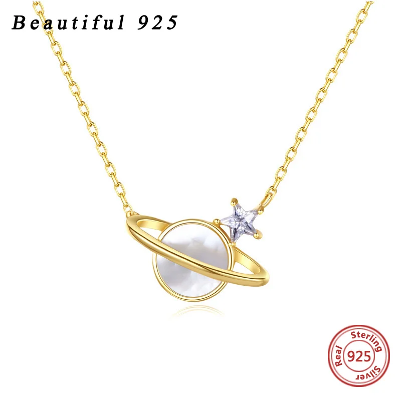 

925 Sterling Silver Saturn Necklace Fritillaria Shell Dream Planet Pendant Collar Chain Fine Jewelry For Women 18K Gold Color