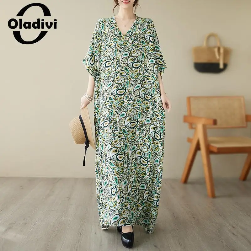 

Oladivi Fashion Print Women Bohemian Beach Dress 2023 Summer Large Size Boho Long Dresses Ladies Oversized Clothing 8XL 9XL 5846