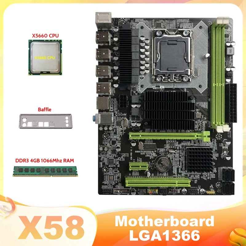 

X58 Motherboard LGA1366 Computer Motherboard Support XEON X5650 X5670 Series CPU With X5660 CPU+DDR3 4GB 1066Mhz RAM