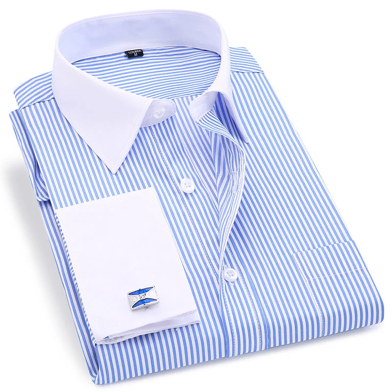 

High Quality Striped For Men French Cufflinks Casual Dress Shirts Long Sleeved White Collar Design Wedding Tuxedo Shirt 6XL