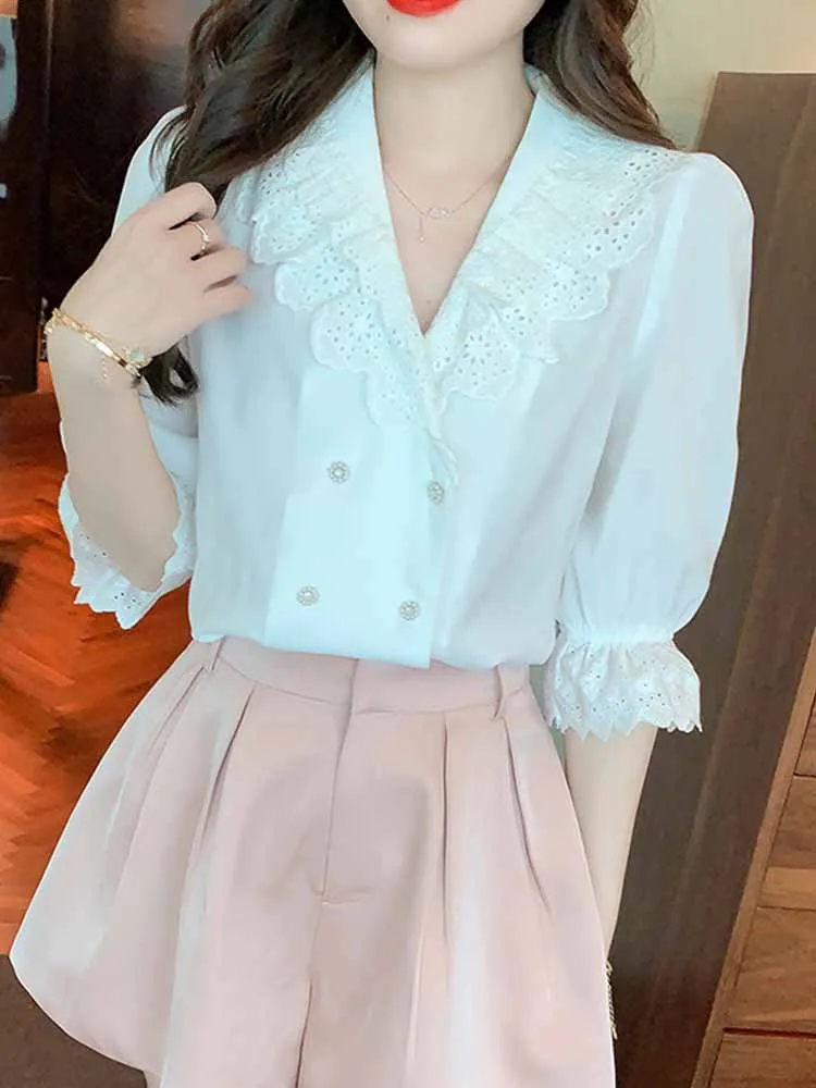 Sweet Lace Hollow Out Short Sleeve Blouse Women Peter Pan Collar Casual Chiffon Blouse Office Lady Tops Shirt Blusas 24585
Sweet Lace Hollow Out Short Sleeve Blouse Women Peter Pan Collar Casual Chiffon Blouse Office Lady Tops Shirt Blusas 24585