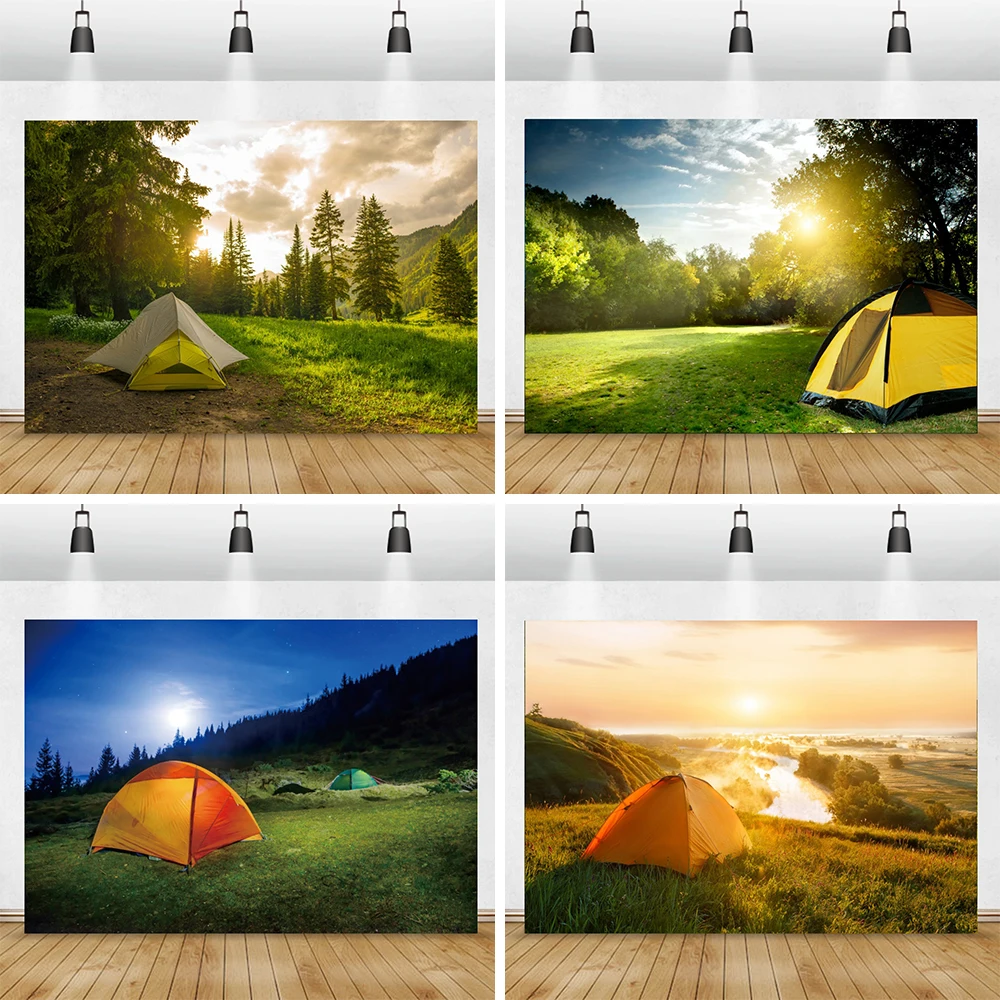 

Outdoor Camping Backdrop Sunrise Travel Forest Mountains Grassland Camp Tents Photography Background Kids Birthday Shoot Props