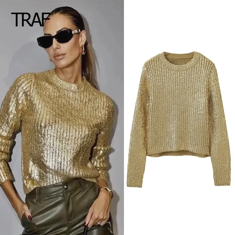 TRAF Golden Knitted Sweater Female's Sweater Winter O-Neck Pullover Long Sleeves Top New In Knitwears Women's Luxury Tops Mark 
TRAF Golden Knitted Sweater Female's Sweater Winter O-Neck Pullover Long Sleeves Top New In Knitwears Women's Luxury Tops Mark