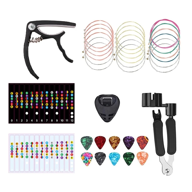 

18PCS Guitar Strings Kit,Acoustic Guitar Changing Tool,Acoustic Strings,Guitar Picks,Capo,Scale Stickers,Picks Holder