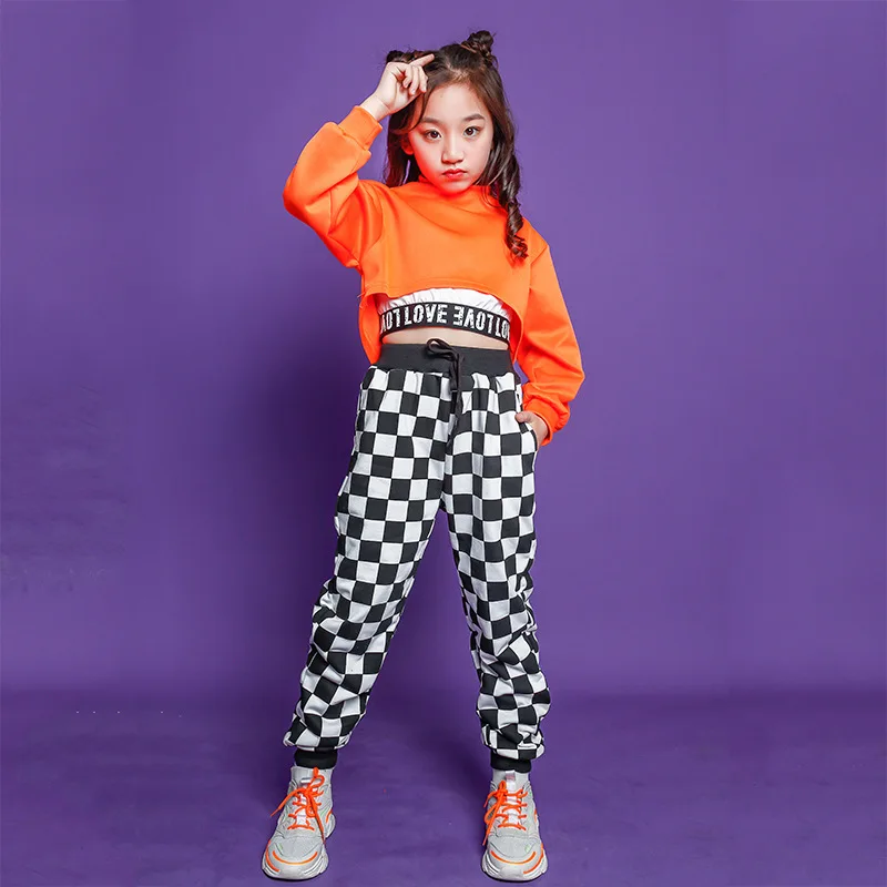 

Kid Hip Hop Clothing Turtleneck Sweatshirt Crop Top Long Sleeve Streetwear Checkered Jogger Pants for Girl Dance Costume Clothes