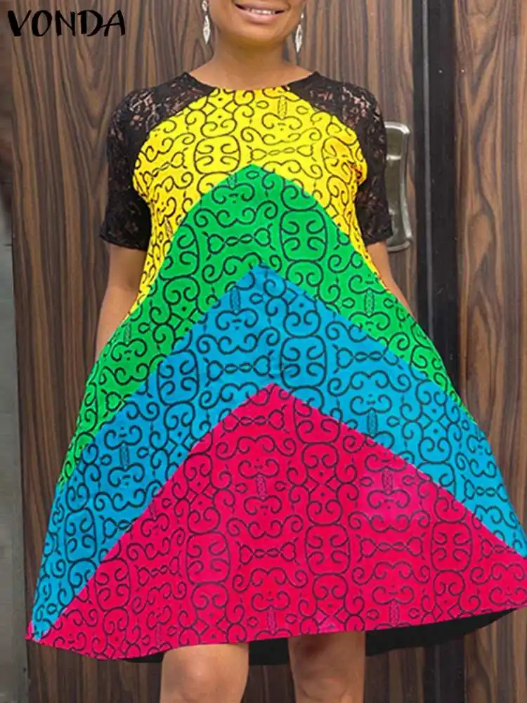 

Летнее платье-трапеция VONDA 2022, женский сарафан с коротким рукавом, с принтом, в стиле пэчворк, повседневное плиссированное платье, женское пл...