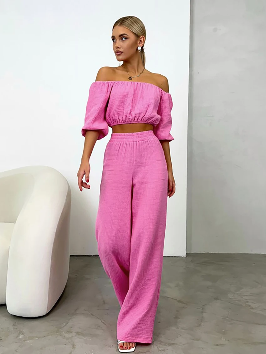 

Marthaqiqi Fashion Women'S Pajamas Suit Slash Neck Sleepwear Half Sleeve Nightwear Crop Top Nightie Pants 2 Piece Nightgowns Set