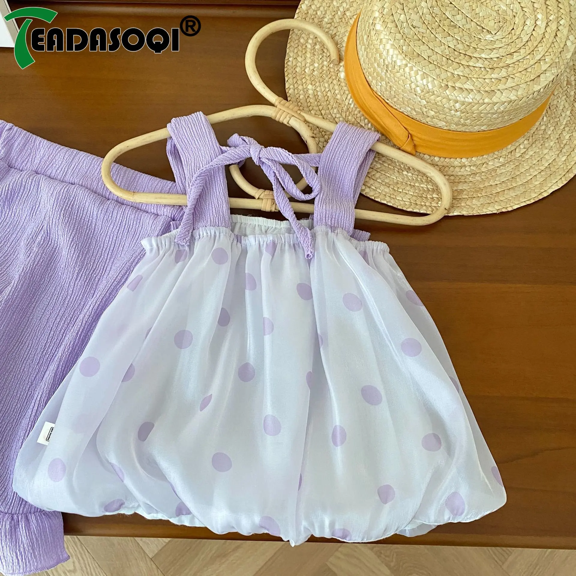 

2023 Summer Set 2pcs 0-6Y New In Kids Baby Girls Sling Bow Dot Top Vest+solid Color Flare Pants Toddler Children Fashion Clothes