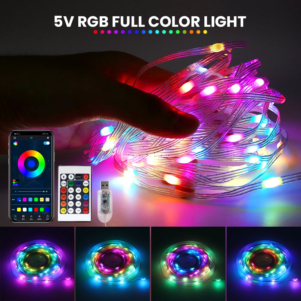 USB Power Smart RGB Strip Light 5V Bluetooth App Control Fairy LED String Light IP65 Waterproof Garland Lamp for Christmas Decor
USB Power Smart RGB Strip Light 5V Bluetooth App Control Fairy LED String Light IP65 Waterproof Garland Lamp for Christmas Decor