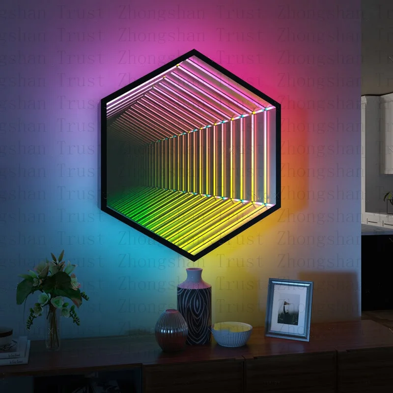 Modern decoration RGB color changing 3D magic mirror infinite mirror octagon LED wall lamp
Modern decoration RGB color changing 3D magic mirror infinite mirror octagon LED wall lamp